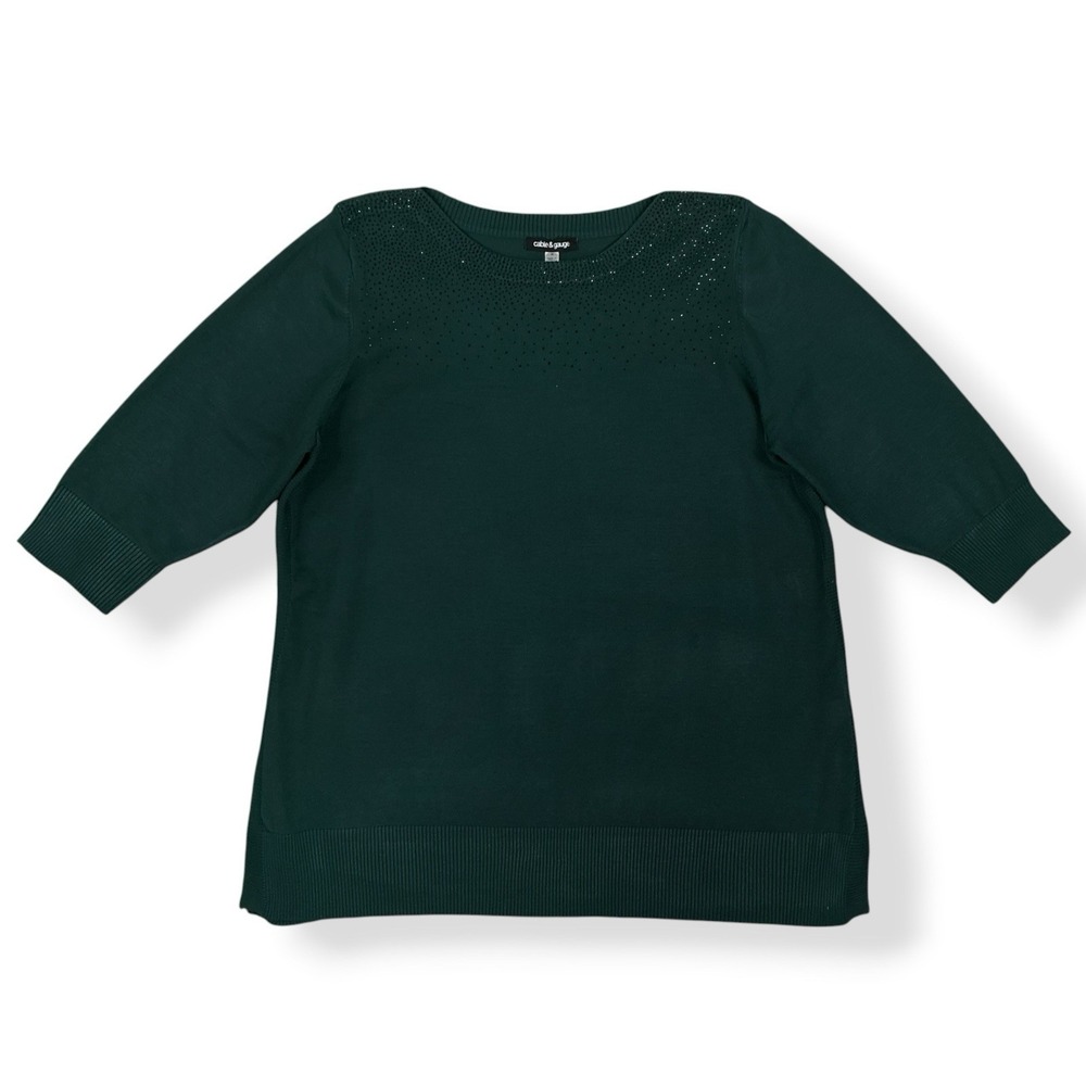 Cable & Gauge Sweater Women Size 2X Green 3/4 Sleeve Knit Rhinestones NWT